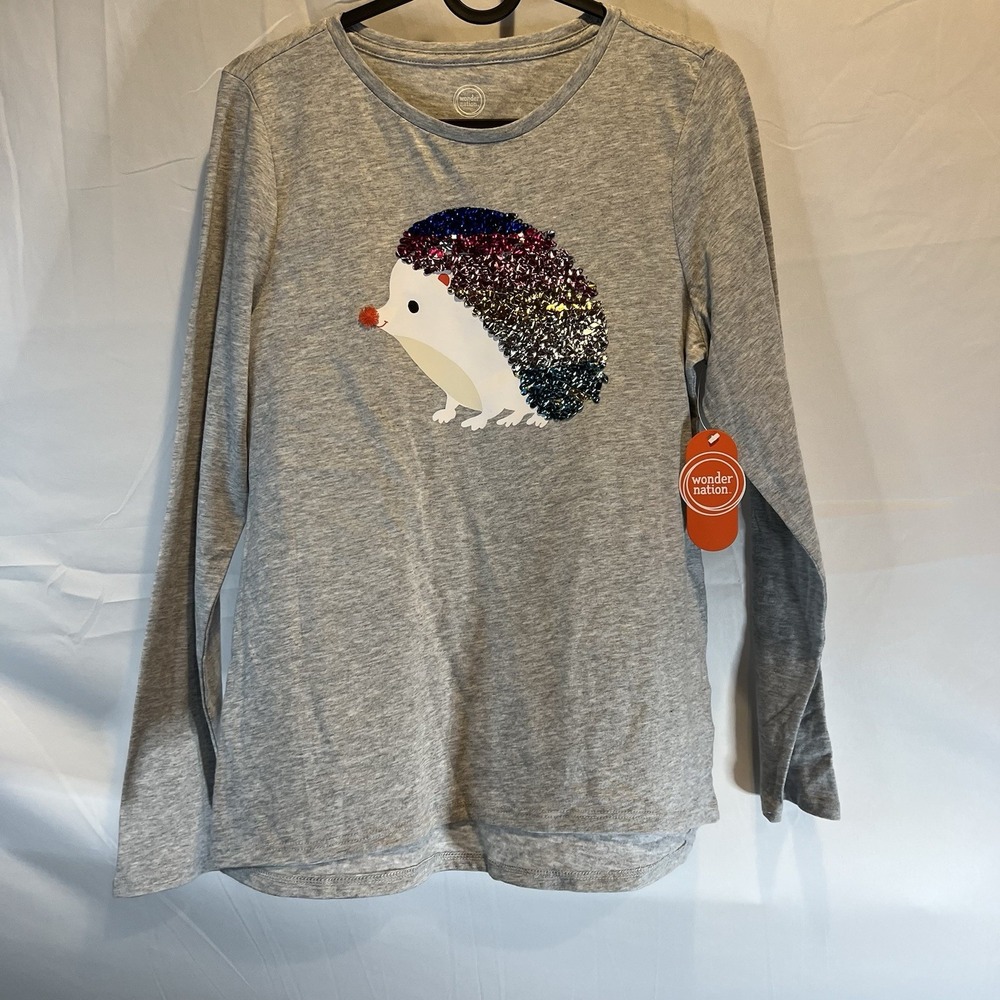 NWT Wonder Nation Girls XXL 18 Plus Long Sleeve Graphic T-Shirt Grey Hedgehog